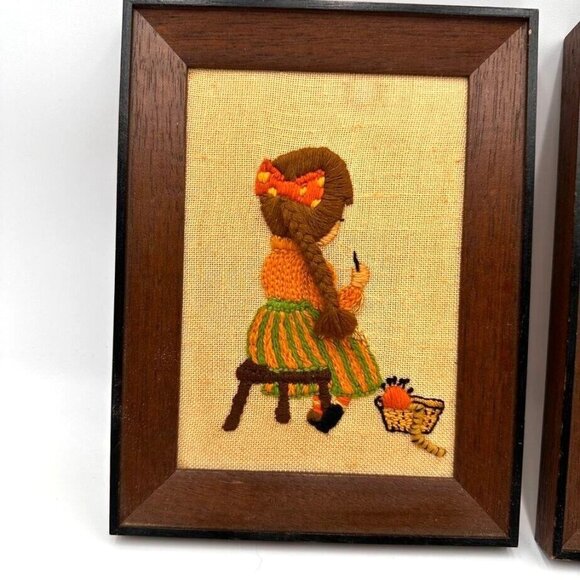 Vintage Crewel Embroidery Art Set 1970s Framed Burlap Featuring Girls Sewing & C - Picture 4 of 16